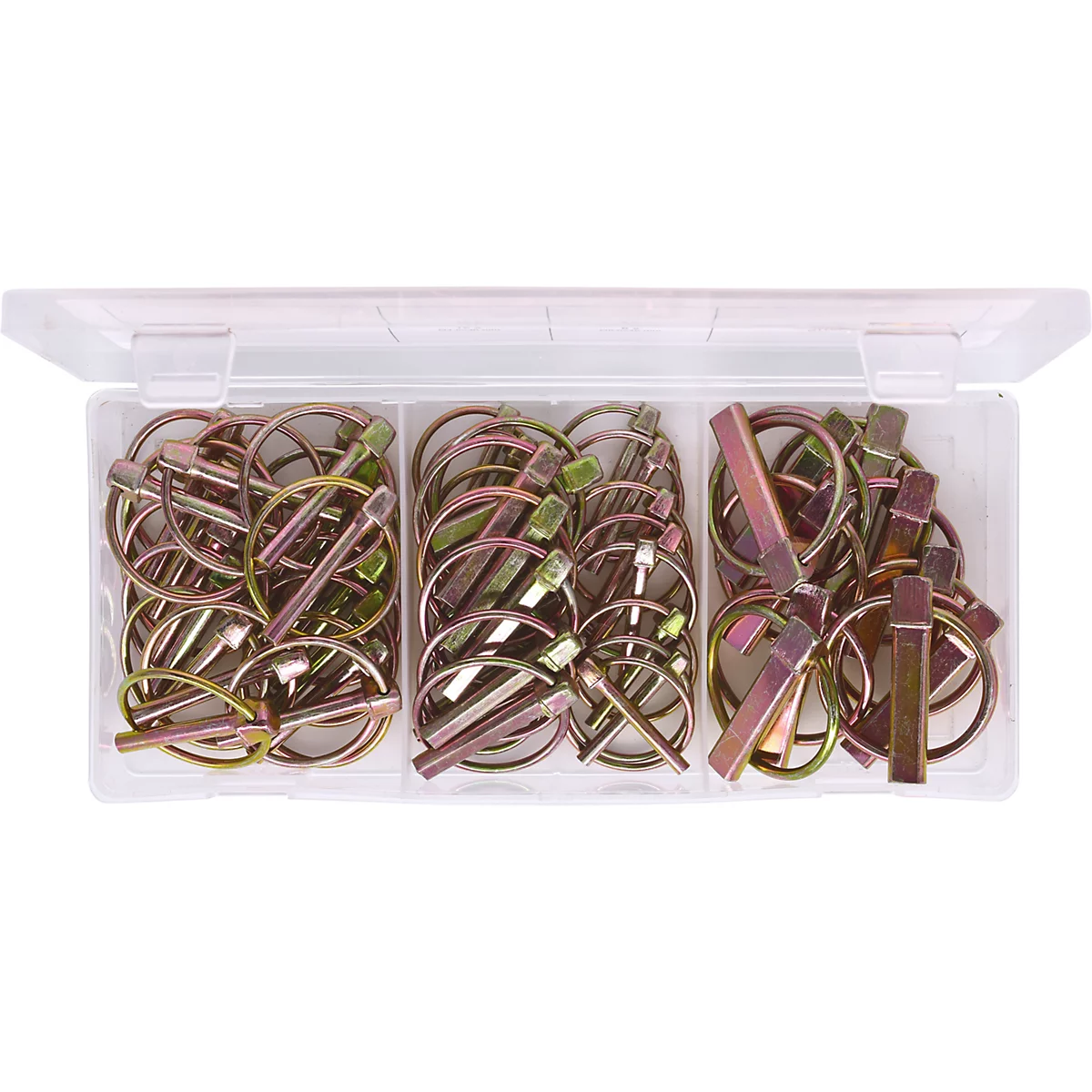 Box mit einer Vielzahl von gold- und silberfarbenen Splinten in verschiedenen Formen, unterteilt in drei Fächer.